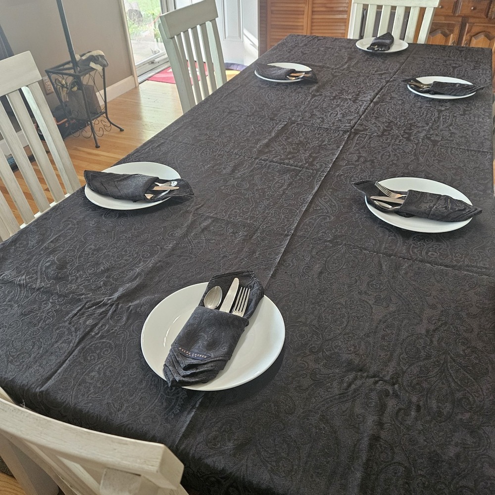 Ralph Lauren Home Black Damask Fenton Paisley Tablecloth 104x70 & 6 Napkins Set